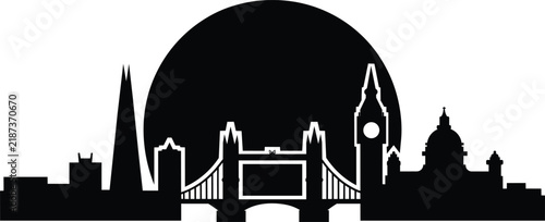 Modern urban city skyline silhouette with a bridge clock tower and dome set against a large black circular sun on a clean white background