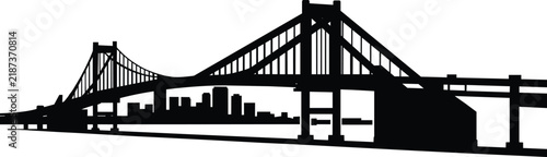 Suspension bridge silhouette with city skyline, black architectural urban landscape element isolated on a white background vector silhouette
