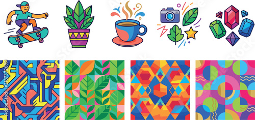 Modern Lifestyle Icon Set and Vibrant Seamless Patterns with Vector Symbols for Skateboard Culture, Coffee Shops, Travel Photography, Botanical Decor, and Creative Geometric Designs