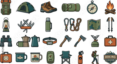 Camping and Hiking Outdoor Adventure Gear Vector Illustration Set Featuring Tent Backpack Hiking Boots Compass Campfire Binoculars and Wilderness Survival Equipment Elements