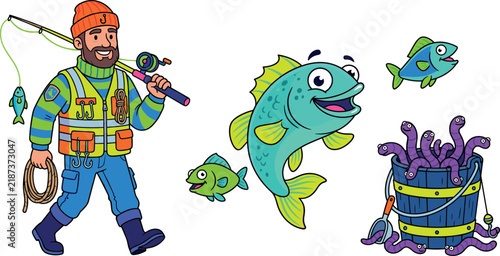 Cartoon Fisherman and Lake Fishing Character Vector Set with Cute Smiling Fish, Earthworm Bait Bucket, Rod, and Outdoor Angling Recreation Equipment