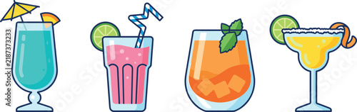 Colorful Bar Cocktail Vector Illustration Set Featuring Blue Lagoon with Umbrella Pink Smoothie Mojito On The Rocks and Classic Margarita with Salt Rim