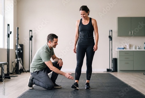 A male physical therapist examines a female patient during an ankle and foot rehabilitation session in a sports clinic
