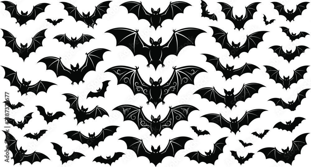 Fototapeta premium Spooky Halloween bat silhouette art bundle set with ornate black and white vector graphics