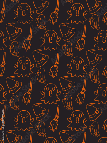 Spooky Halloween ghost and broom seamless pattern on black background