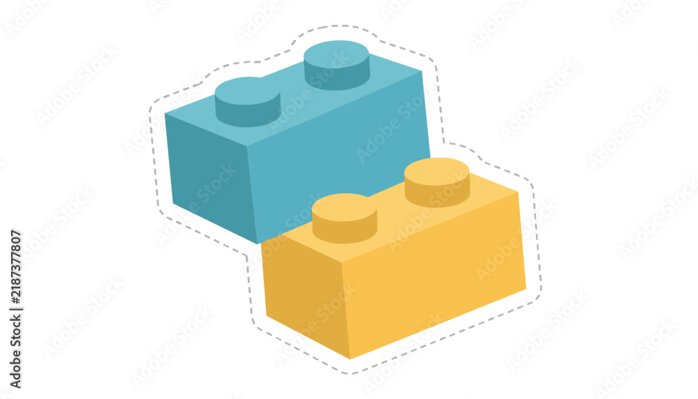 Obraz premium Two colorful plastic building toy blocks stacked together with dashed line border on a clean white background.