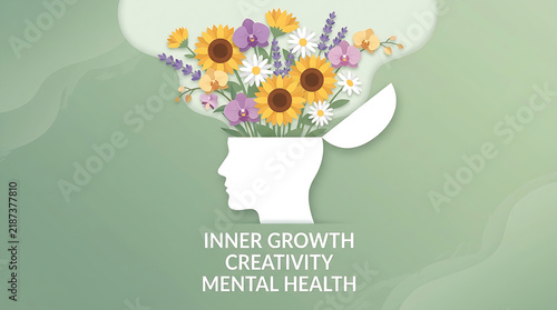Illustration of Human Head with Flowers Symbolizing Inner Growth and Mental Wellness
