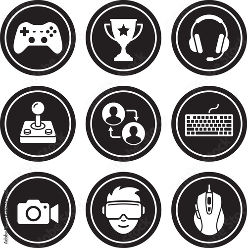 Gaming hardware icons represent various interactive entertainment devices and user interface elements in a clean, monochromatic circular style.