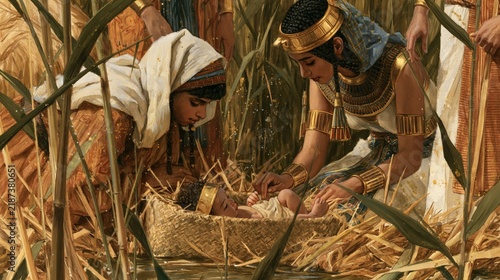 Baby Moses discovered in a woven reed basket among the bulrushes by Pharaoh's daughter and her attendants, a poignant biblical scene of the infant's rescue on the Nile
