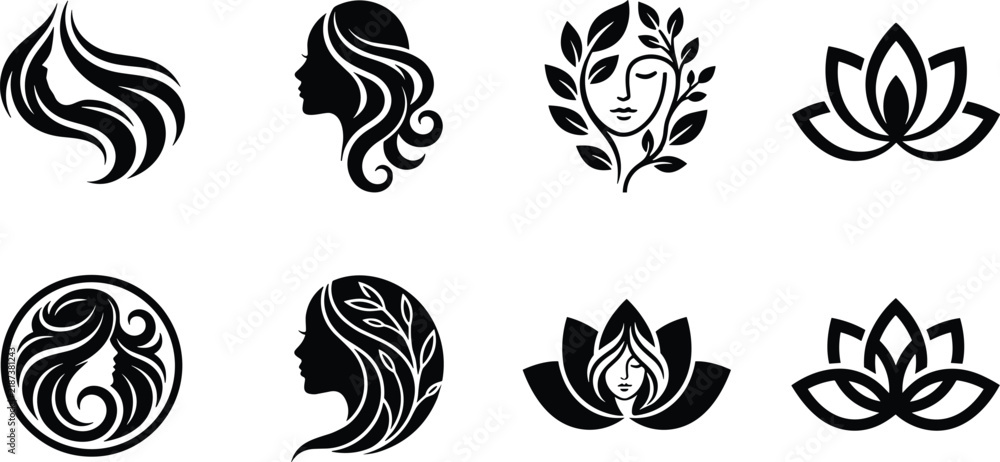 Obraz premium Beauty salon and wellness spa silhouette vector logo icons featuring beautiful woman profile long hair and lotus blossoms