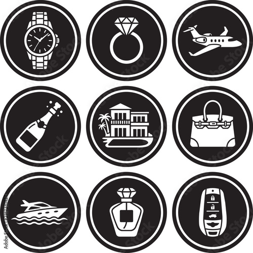 Luxury lifestyle icons are arranged in a grid featuring symbols of wealth such as a watch, diamond ring, jet, champagne, villa, handbag, yacht, perfume, and car key.