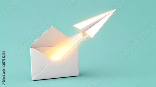 Close-up of a hand opening a white envelope releasing a glowing paper airplane in a minimalist setting with copy space