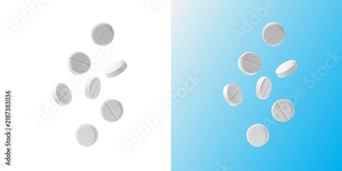 Bild auf Leinwand Falling white round pharmaceutical pills isolated on white and blue