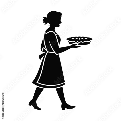 Woman walking with a freshly baked pie on a tray, a black silhouette vector illustration