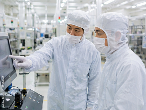 Fototapeta kuchenna 半導体工場,半導体,クリーンルーム,製造技術者,OJT,新人教育,人材育成,技術指導,現場教育,社員教育,研修,製造業,工場,生産現場,製造現場,半導体製造,電子部品,精密機器,製造装置,生産設備,設備操作,画面操作,タッチパネル,モニター,操作指導,先輩社員,新人社員,日本人男性,男性技術者,エンジニア,製造エンジニア,生産技術,製造技術,技術継承,技能継承,教育担当,作業員,クリーンスーツ,防