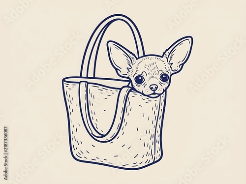 Cute Chihuahua puppy peeking out from a fashionable handbag in a charming hand-drawn sketch style