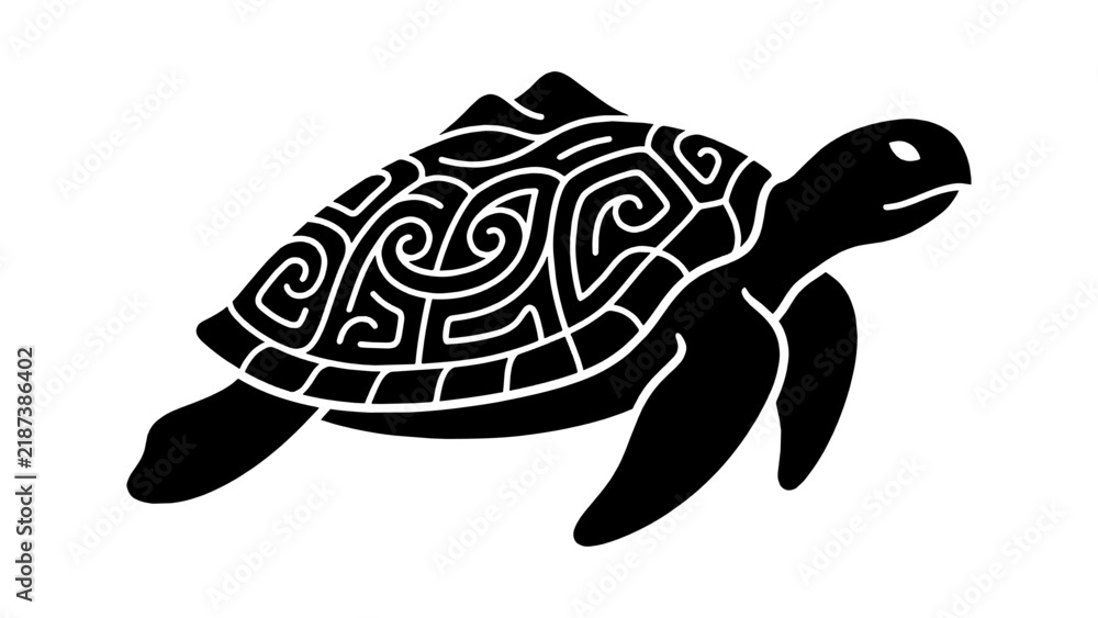 Fototapeta premium Black silhouette of a sea turtle with decorative tribal pattern on its shell for tattoo or graphic design projects Vector
