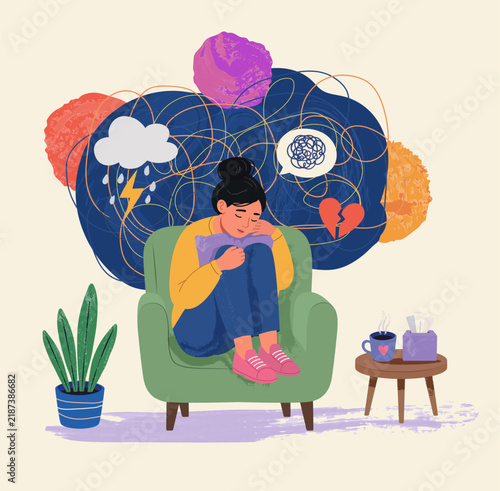 Woman sitting alone with anxious thoughts. Flat style cartoon vector.