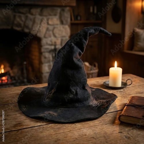 A weathered black witch hat resting on a rustic wooden table next to a burning white candle and a leather book in a cozy dimly lit room setting
