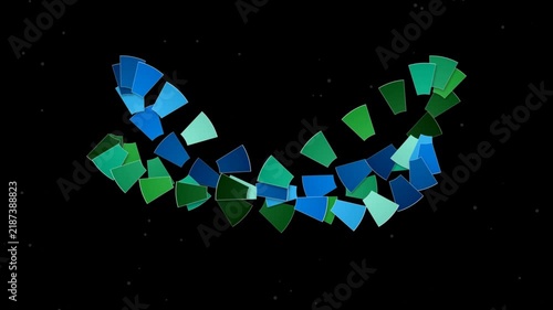 Abstract blue and green geometric blocks wave animation on dark background with floating particles