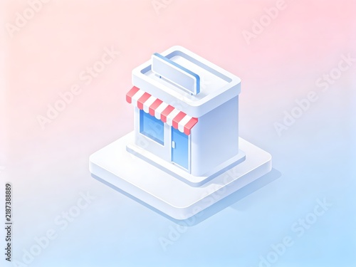 Isometric shop building with striped awning