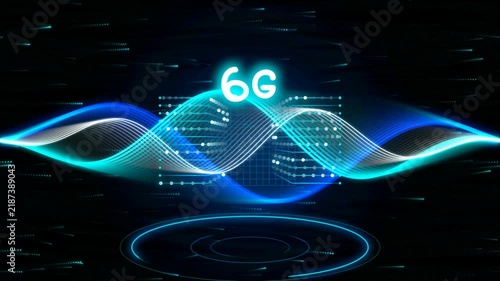 Futuristic 6G network technology digital animation with glowing blue waves on dark background