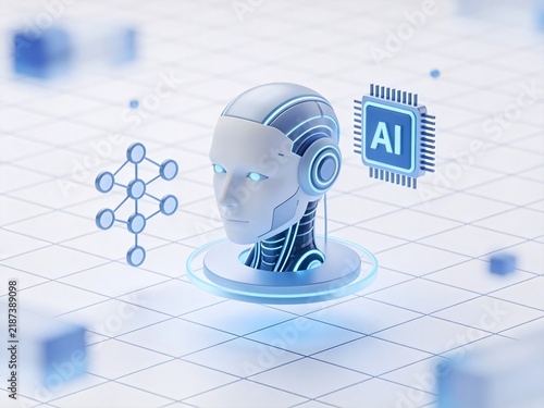 AI robot head with circuit and network symbols