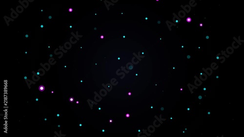 Glowing neon cyan and magenta particle dots floating slowly on a dark black background loop