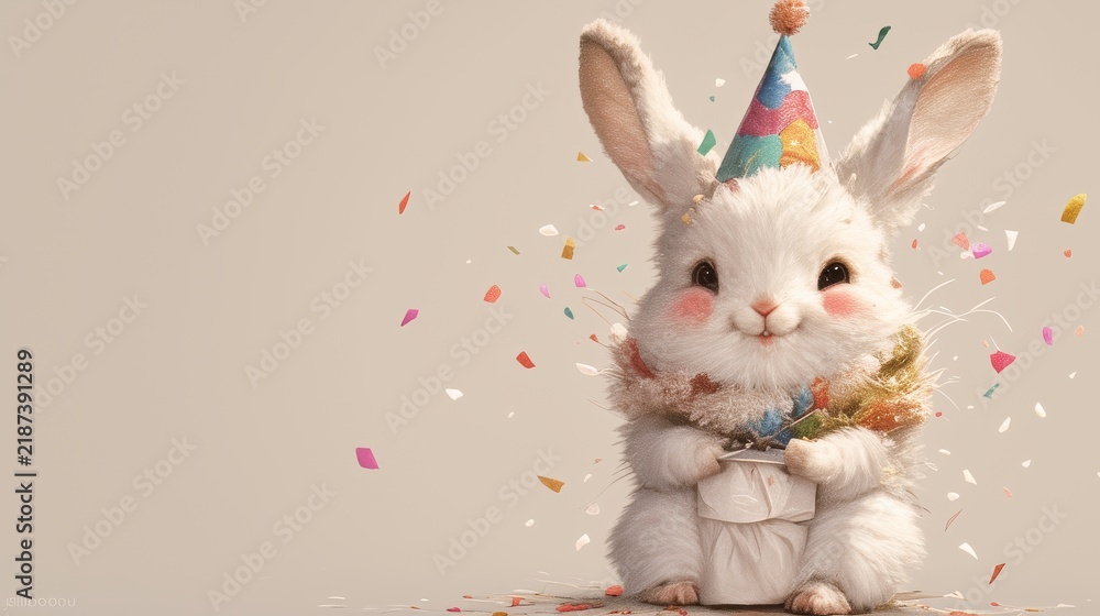 Fototapeta premium Cute Baby Rabbit New Year Plush Toy with Party Hat, Colorful Scarf and Confetti, Red and White 3D Felt Style, Minimal Festive Design with Copy Space