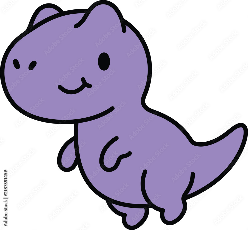 Fototapeta premium A cute purple cartoon dinosaur character with a simple smiling face, depicted in a flat style on a clean white background, for kids
