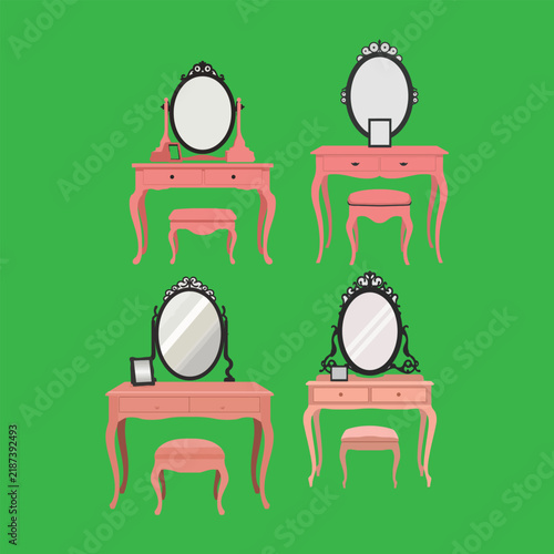 Vintage dressing table vector set with vanity mirrors and matching stools