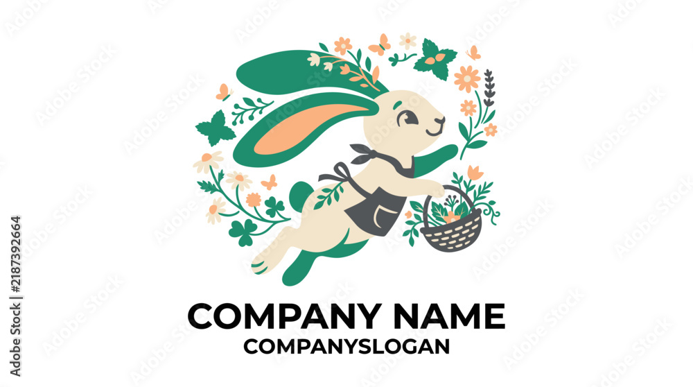 Fototapeta premium Cute bunny rabbit logo illustration wearing an apron and holding a basket with floral wreath elements.