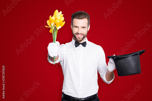 Принти на полотні Portrait of romantic positive magician with bristle and modern hairstyle getting