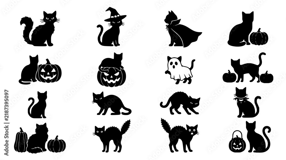 Fototapeta premium Black Cats Collection with Pumpkins, Ghosts, and Witch Hats Featuring Pumpkin