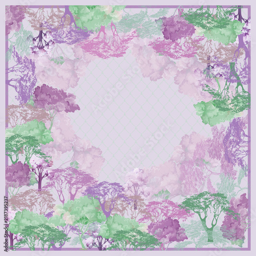 Abstract Geometric Digital Background: Modern Surreal Forest Landscape Pattern with Watercolor Tree Silhouettes, Dreamy Clouds, and Diamond Grid Texture Purple