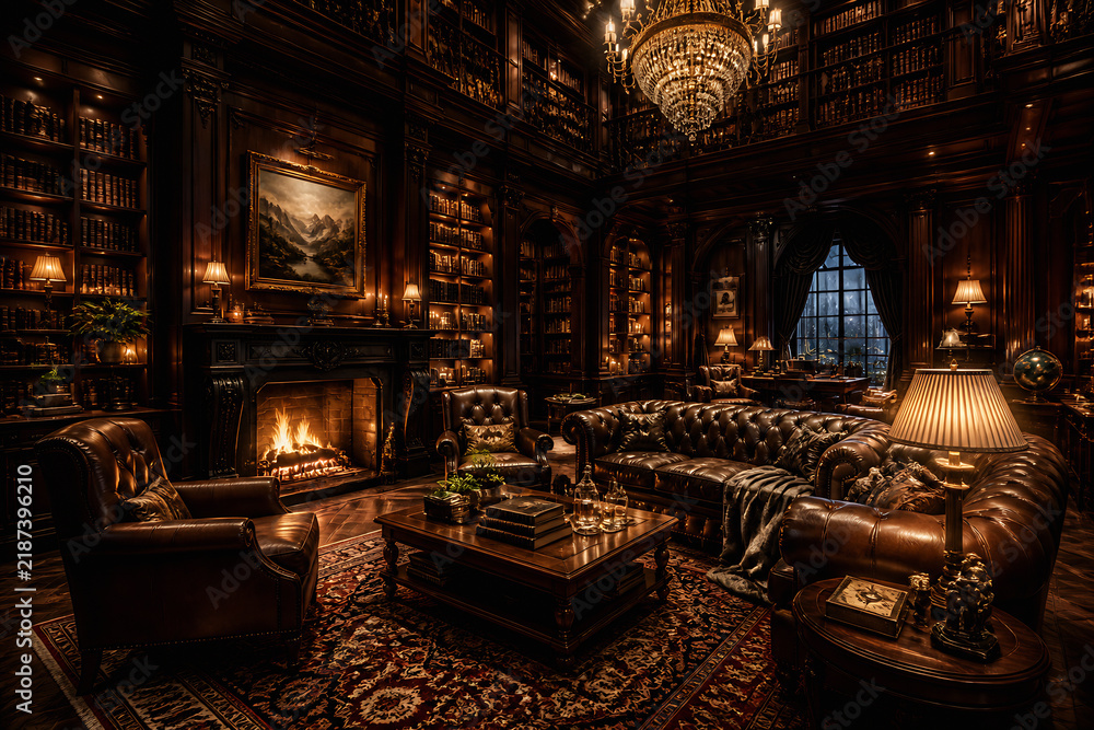 Fototapeta premium A richly decorated, dimly lit library or study with dark wood paneling, bookshelves, a fireplace, and luxurious leather furniture.