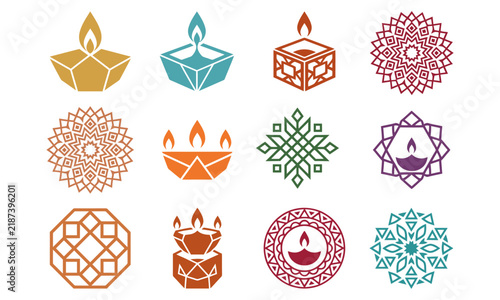 Collection of geometric diwali diya lamps and decorative mandala patterns for traditional indian festival celebration design elements
