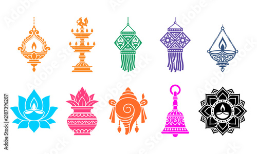 Set of colorful traditional indian festival elements including oil lamps lanterns and cultural symbols for diwali celebration