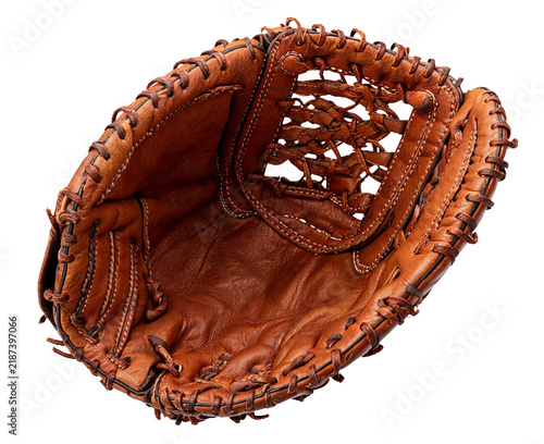 Brown leather baseball catcher's mitt isolated on a white background