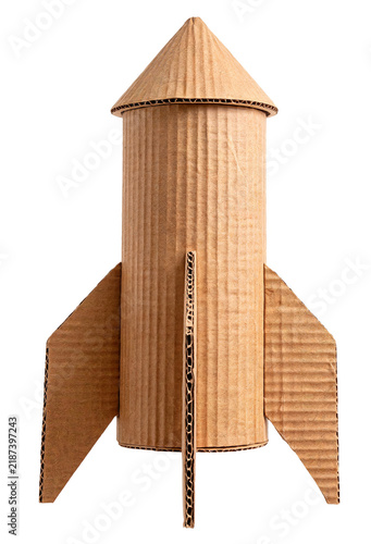 Handmade cardboard rocket model isolated on a clean white background