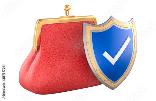 Plakat Secure wallet with protection shield and check mark. 3D rendering