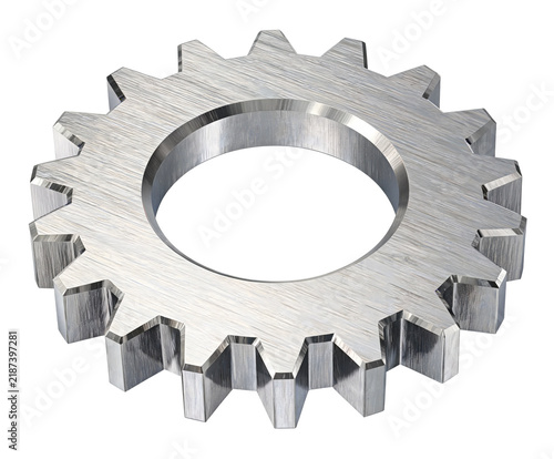 Single metallic gear with brushed texture isolated on a white background