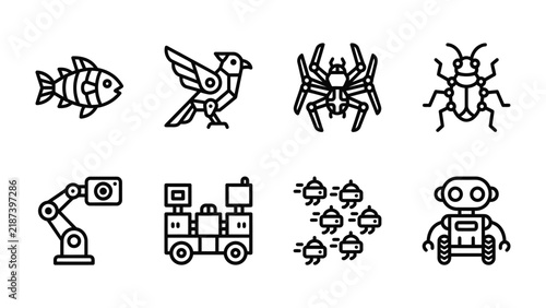 Foto Robotic Creatures Collection: A set of stylized, minimalist icons depicting various robotic creatures and machines, from a fish and bird to a spider, grasshopper, robotic arm, rover