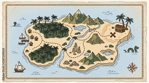 Treasure map illustration featuring tropical island with mountains and ships on parchment