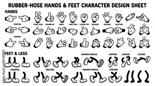 Rubber hose cartoon hands and feet set featuring vintage gloved gestures and poses.