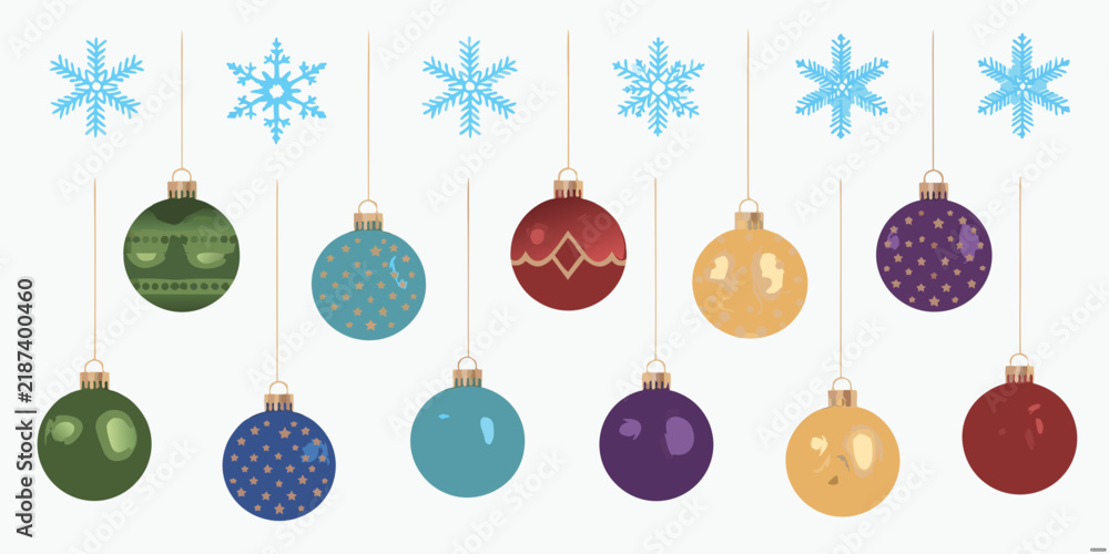 Obraz premium Hanging christmas ornaments and snowflakes a flat vector illustration