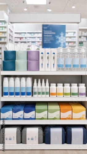 Flu preparations with tissue boxes, thermometers, and sanitizers on pharmacy shelf