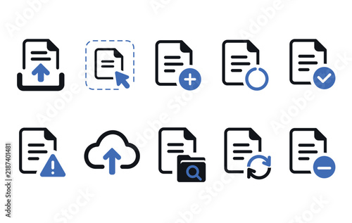Set of document and file management icons including upload, select, add, sync, check, error, cloud, search, refresh and remove symbols