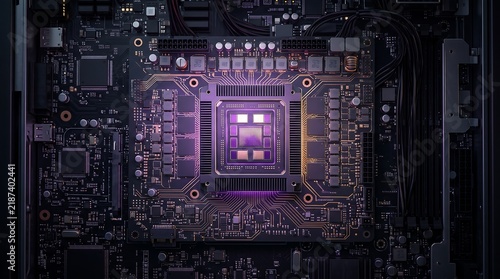 Obraz na płótnie High performance computer processor chip on motherboard with glowing purple light.