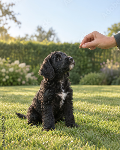Portuguese Water Dog Puppy Learning to Sit for a Treat in a Garden